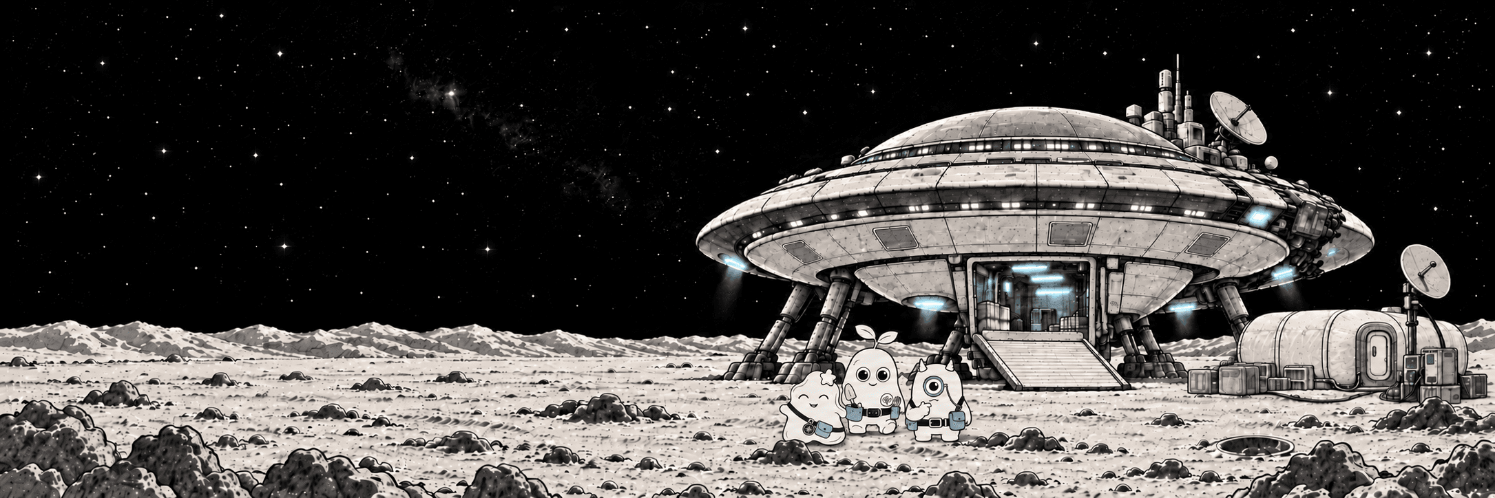 Olo, Mir, and Lomi together at a moon base as equal characters